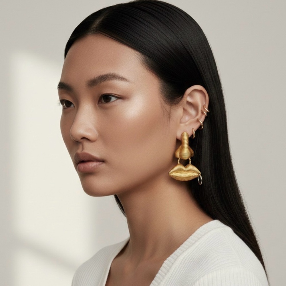 FLAW Schiaparelli Inspired Anatomy Nose Lips Piercing Gold Tone Earrings XL
